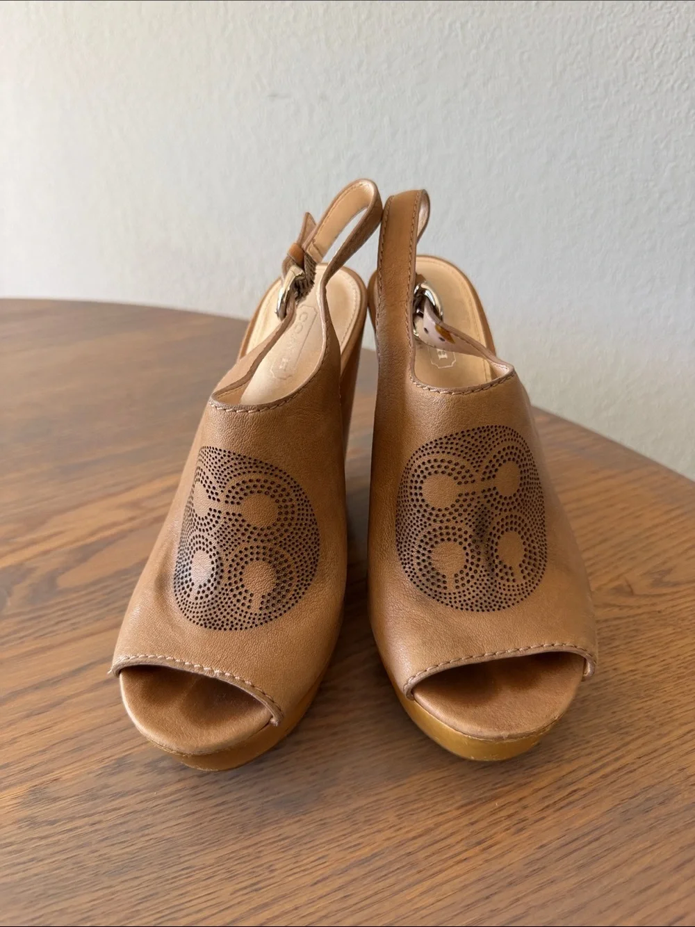 Coach Tan Leather Peep-Toe Slingback Platform Wedges